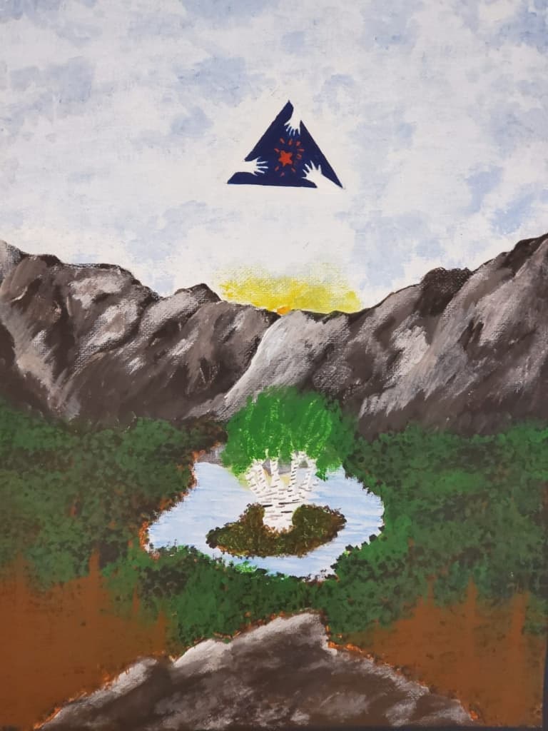 Painting of mountains, sunrise, a birch tree and the TeamChild logo