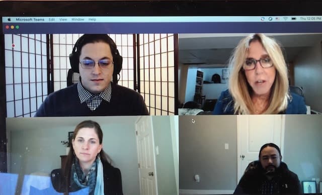 Four people present on camera in a virtual meeting.