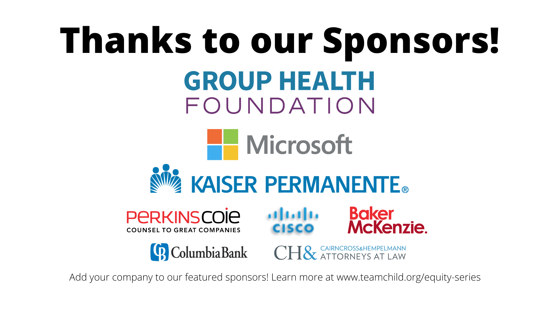 Color company logos for Group Health Foundation, Microsoft, Kaiser Permanente, PerkinsCoie, Cisco, Baker McKenzie, Columbia Bank and Cairncross & Hempelmann
