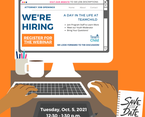 A computor monitor is pictured against an orange background. Blue text reads: We're Hiring - an orange and white text box reads: register for the webinar!