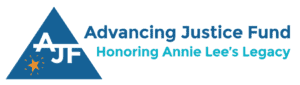 Logo for the Advancing Justice Fund - Honoring Annie Lee's Legacy. There is an orange star inside a blue triangle with the letters AJF in white.