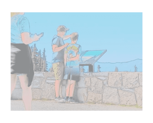 Color illustration of a young person staring out beyond a picture of some trees at a park. There are 2 adults in the picture as well. From Clallam County Bar.