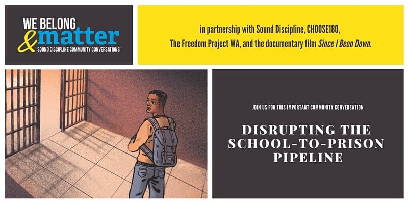 Illustration of a young person wearing a backpack and looking to the side. There is a doorway and the shadows of bars on the sidewalk grid. Text above reads We Belong and Matter; Disrupting the School to Prison Pipeline.