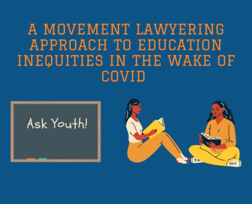 Light text on a blackboard reads: Ask Youth! 2 young people read books together. Orange text on blue background reads: A Movement Lawyering Approach to Education Inequities in the Wake of COVID