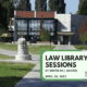 Green Hill School is pictured with a concrete sculpture of a face in front of it. There is a yellow fire hydrant and a tree to the left. Black text in a green text box reads: Law Library Sessions at Green Hill School April 28, 2022 - There is a small black and grey TeamChild triangular logo in the bottom right corner.