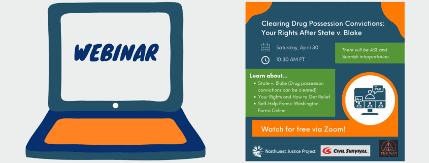 A laptop computer screen is on the left with text in blue reading WEBINAR. On the right is an event flyer with the webinar date 4/30 and the logos for the presenting organizations.