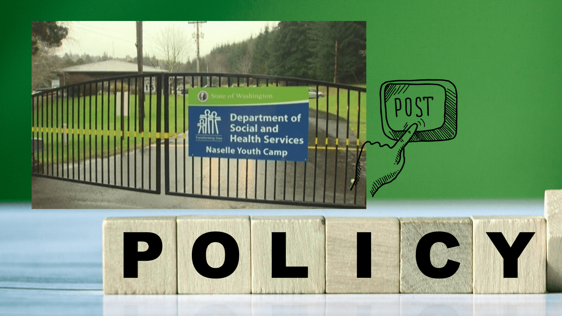 The word POLICY is spelled out on wooden blocks. Above, a building and lawn are pictured behind a closed gate. The sign on the gate reads: State of Washington - Department of Social and Health Services - Naselle Youth Camp. To the right of the photo there is an illustration of a hand and finger pushing a computer key with the word POST.