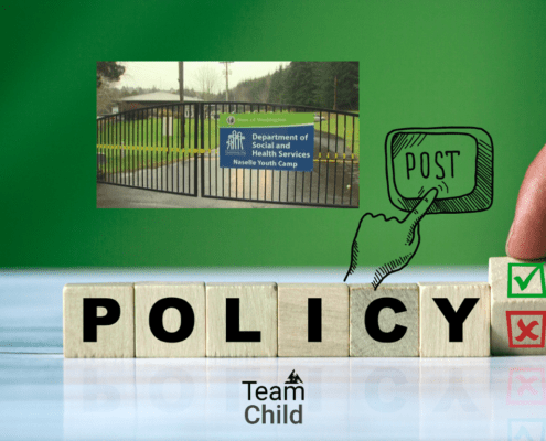 The word POLICY is spelled out on wooden blocks. Above, a building and lawn are pictured behind a closed gate. The sign on the gate reads: State of Washington - Department of Social and Health Services - Naselle Youth Camp. To the right of the photo there is an illustration of a hand and finger pushing a computer key with the word POST. TeamChild logo appears below.