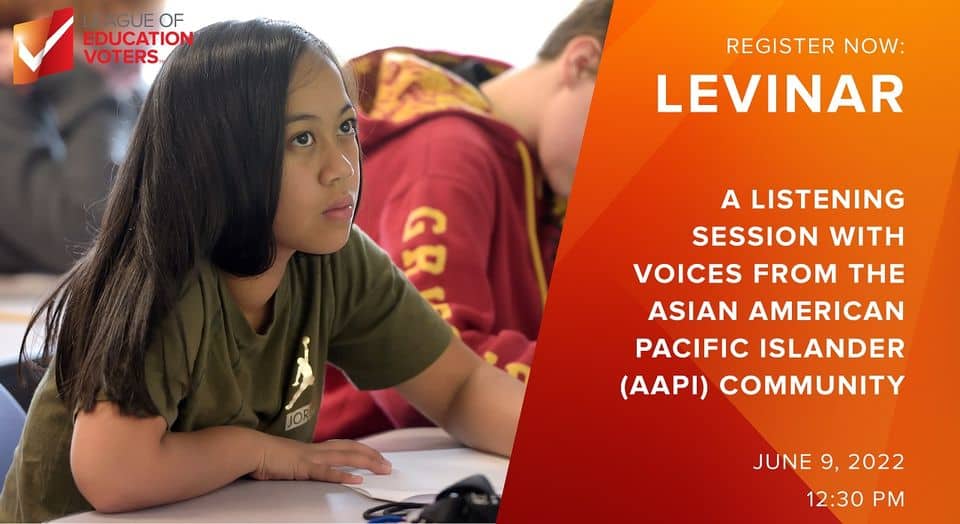 A student with long brown hair writes and looks up from a desk. White text on an orange background reads LEVINAR - A Listening Session with Voices from the Asian American and Pacific Islander Community