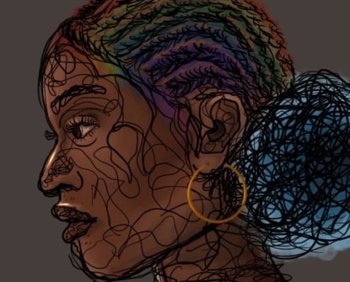 Image by young artist and TeamChild supporter R Lesli - a person in profile with their dark hair pulled back in braids and wearing a large gold hoop earring. There are rainbow colors in between the braids.