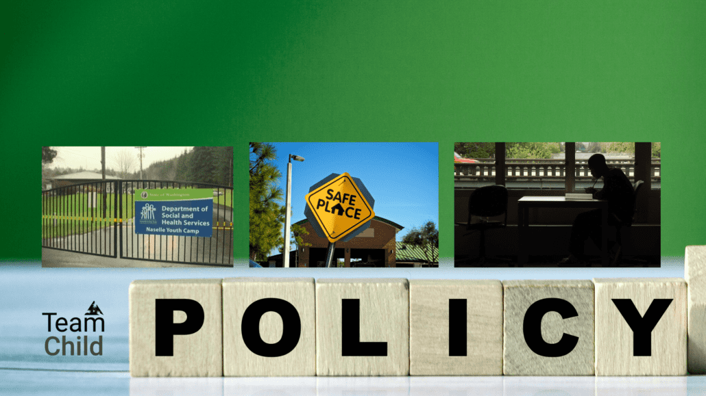 3 photos show a youth prison with yellow caution tape in front, a school building with yellow sign that says Safe Space, and a young person in silhouette at a desk. The TeamChild logo appears at the bottom next to the word POLICY spelled out on scrabble tiles.