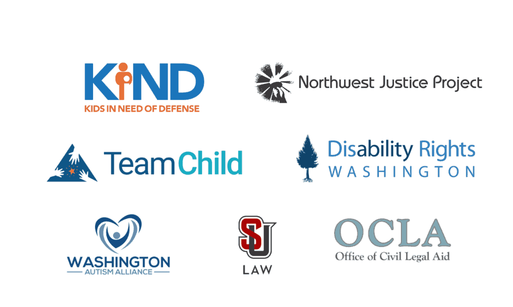 Logos for Kids in Need of Defense (KIND), Northwest Justice Project, TeamChild, Disability Rights Washington, Washington Autism Alliance, Seattle University Law, and Office of Civil Legal Aig (OCLA)