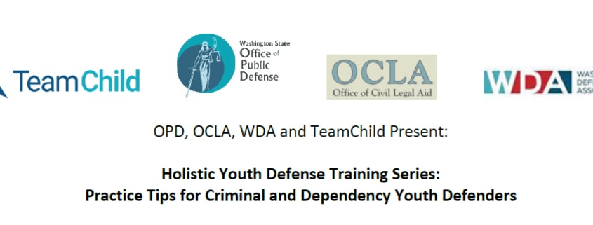 Logos for TeamChild, WA Office of Public Defense, Office of Civil Legal Aid and WA Defender Association - Text reads: Holistic Youth Defense Training Series