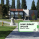 Green Hill School is pictured with a concrete sculpture of a face in front of it. There is a yellow fire hydrant and a tree to the left. Black text in a green text box reads: Law Library Update, Green Hill School. TeamChild logo appears in lower right corner.