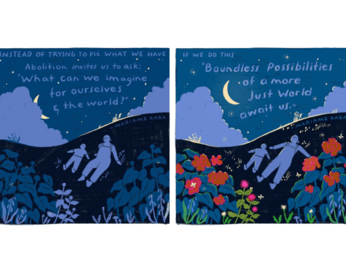 Artwork, featuring an adult and a youth lying on a hillside in the moonlight, by Molly Costello with quotes by Miriame Kaba: Instead of trying to fix what we have, Abolition invites us to ask, "What can we imagine for ourselves and the world?" If we do this, "Boundless possibilities of a more just world await us."