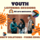 Photo of 3 young people in school. Text reads: Youth Listening Session – All Are Welcome - Community Solutions – Fixing Education. First splash of orange color contains this text: food / games / $60 giftcards / prizes. Second splash of orange color says: share your voice.