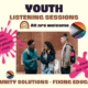 Photo of 3 young people in school. Text reads: Youth Listening Session – All Are Welcome - Community Solutions – Fixing Education. First splash of pink color contains this text: food / games / $60 giftcards / prizes. Second splash of color says: share your voice.