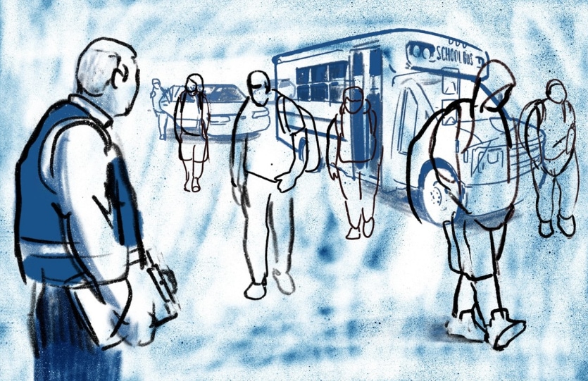 Illustration by Gabriel Campanario / The Seattle Times: Blue, white and black drawing of students walking away from a bus and a man with a clipboard in the foreground.