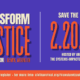 Red and white text on a purple background: Transform Justice Day of Action - Save the Date - 2.20.2023 - Hosted by and for the systems-impacted community