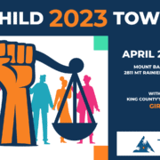 An orange fist holds dark blue scales of justice. In the background is an illustration of colorful people enjoying themselves. Text reads: TeamChild 2023 Town Hall