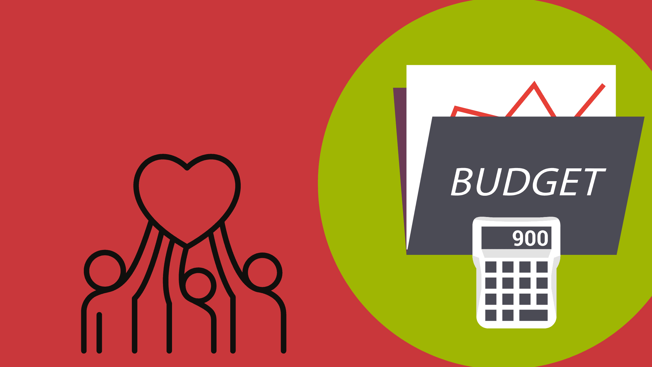 A folder with the word BUDGET and a calculator are placed in a circular lime-green frame on the right. On the left are three people icons lifting a heart against a brick-red background.