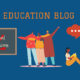 Orange text on blue background reads: Education Blog. Illustrations of young people gathered are below. On a blackboard, text in chalk reads: School Exclusion and there is a red handprint behind the text.