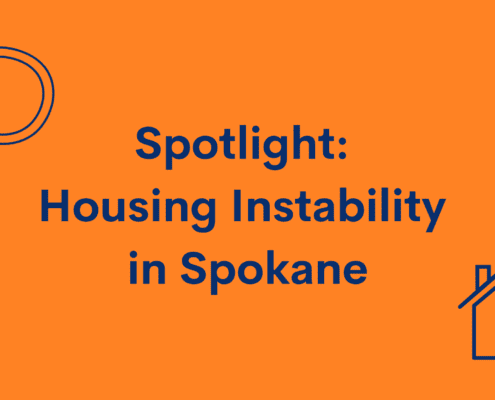 An orange tile with dark blue text reads: Spotlight: Housing Instability in Spokane. There is a magnifying glass in the upper lefft corner and a house in the bottom right corner.